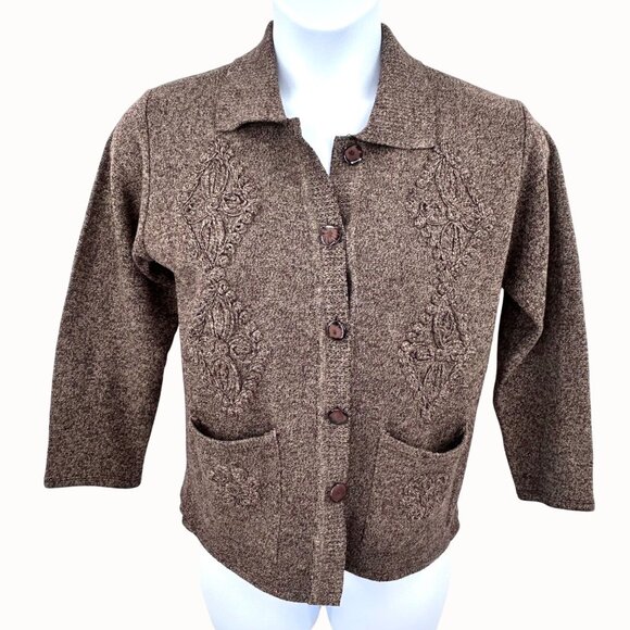 VTG T.C FASHION BROWN KNIT COLLARD CARDIGAN SWEATER EMBROIDERED DETAIL / POCKETS - Picture 1 of 4